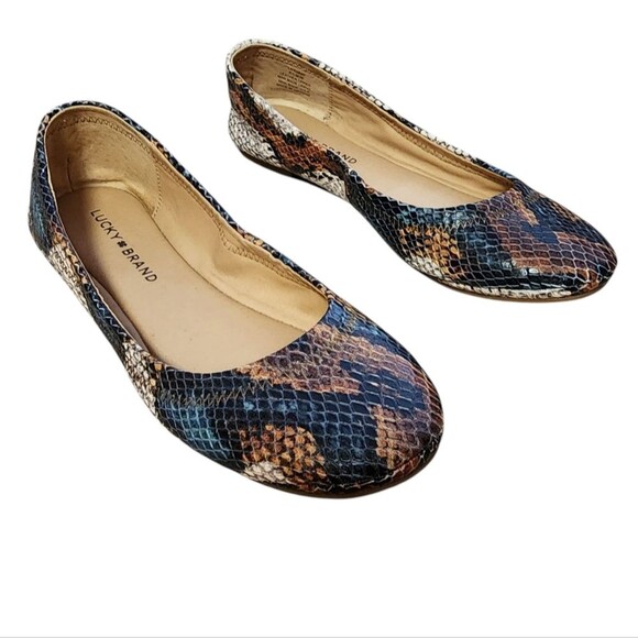 Lucky Brand Shoe Women 6.5 M Leather Snakeskin Print Ballet Flat Slip On Casual - Picture 2 of 14